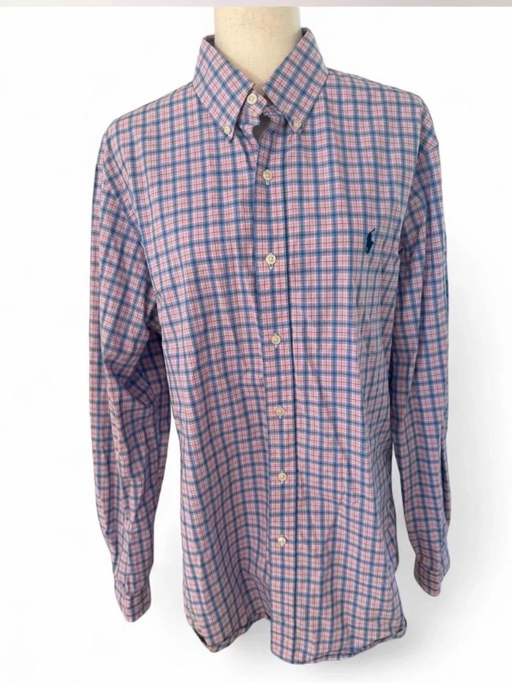 Ralph Lauren Men’s Pink & Blue Plaid Button Down Shirt Size Large Polo Preppy
